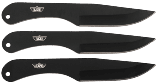 3 pack of black stainless steel plain edge throwing knives from Uzi, featuring a leather sheath.